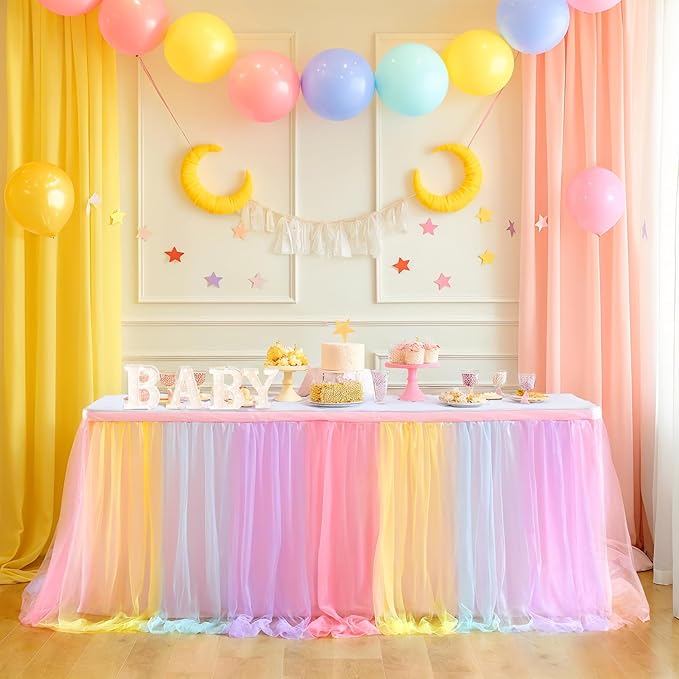 Suppromo Rainbow Table Skirt for Baby Shower Girl Birthday Party 9ft Tulle Tutu Table Skirt Decorations for Gender Reveal Unicorn Theme Party Decorations(L9(ft) H 30in, Rainbow)