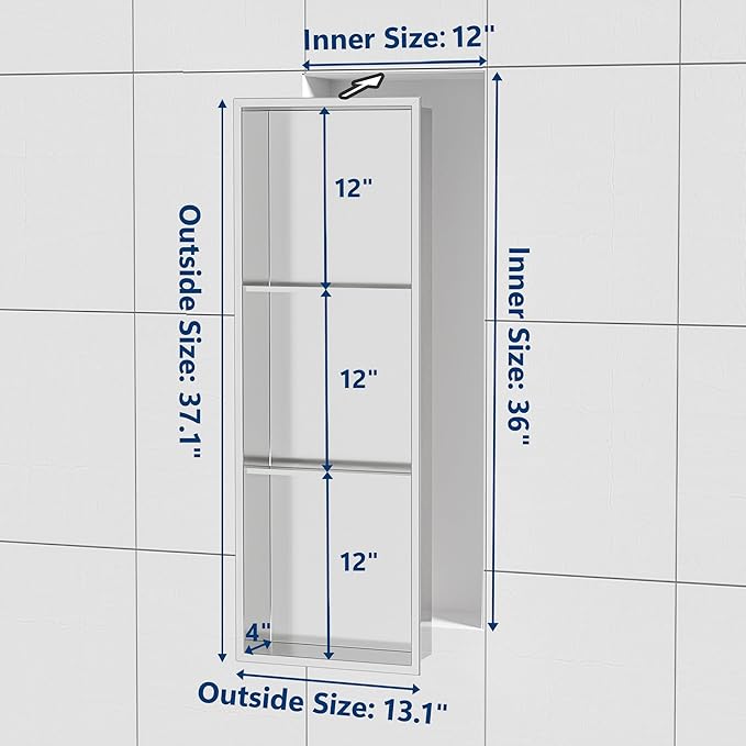 Stainless Steel Shower Niche 12" X 36", Bathroom Wall Niche Three-Tier, No Tile Needed Recessed Shower Shelf for Bathroom Storage, Brushed Nickel