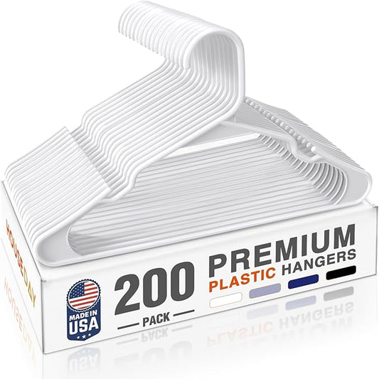 HOUSE DAY 200 Pack Plastic Clothes Hangers, Commercial Bulk Shipment for Business, Sturdy Durable Notched Hangers Ideal for Retail Dry Cleaners Warehouses, Save Cost & Warehouse Space - White