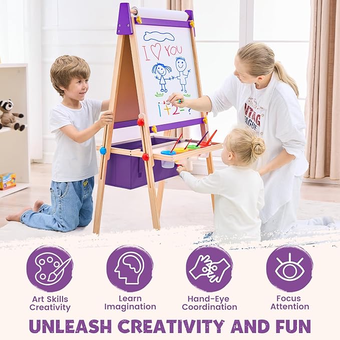 Easel for Kids, Adjustable Standing Art Easel with Magnetic Chalkboard & Whiteboard, Dry-Erase Board, Paper Roll, Drawing & Painting Easel for Kids Ages 3 4-8 9-12, Purple w/Bag