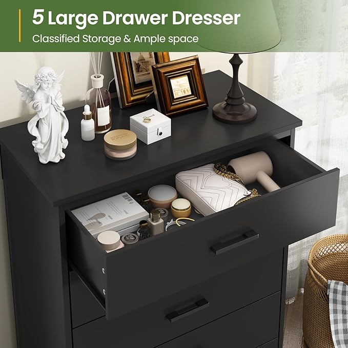 EPHEX Black Tall Dresser with 5 Drawers for Bedroom, Tall Dresser for Closet, Storage Tower Clothes Organizer, Modern Chest of Drawers with Sturdy Pedestal, 27.6'' W x 15.8'' D x 40.2'' H