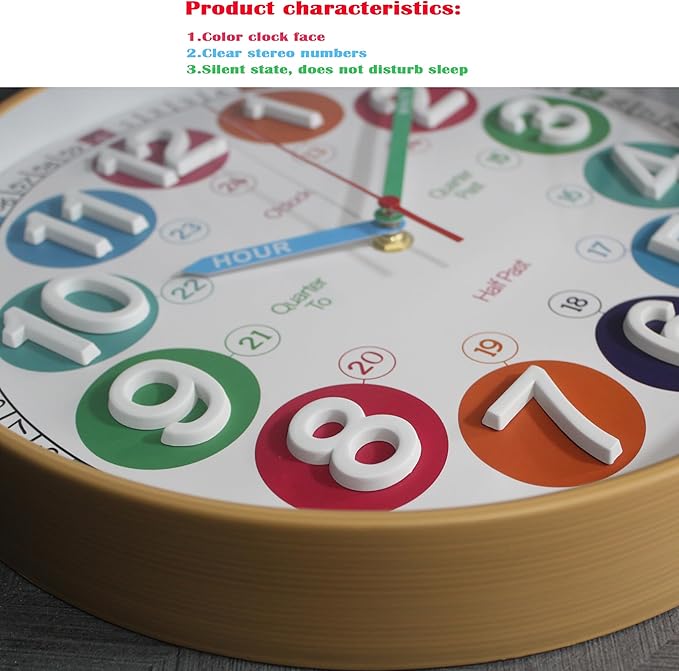 Learning Time Clock for Kids,12 Inch 3D Numbers Colorful Clock Face Silent Clocks，Bedroom,Kitchen,Classroom,Décor at School, Clear Digital Wall Clock for Kids Room (3D Wood Color Classic)