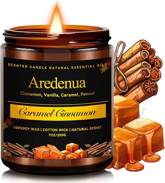 Fall Candle - Caramel Cinnamon Candle | Autumn Scented Candles for Home, 7oz Fall Soy Candles for Home Scented, 50 Hours Burn Time, Harvest Holiday/Halloween/Thanksgiving Autumn Gifts for Women Men