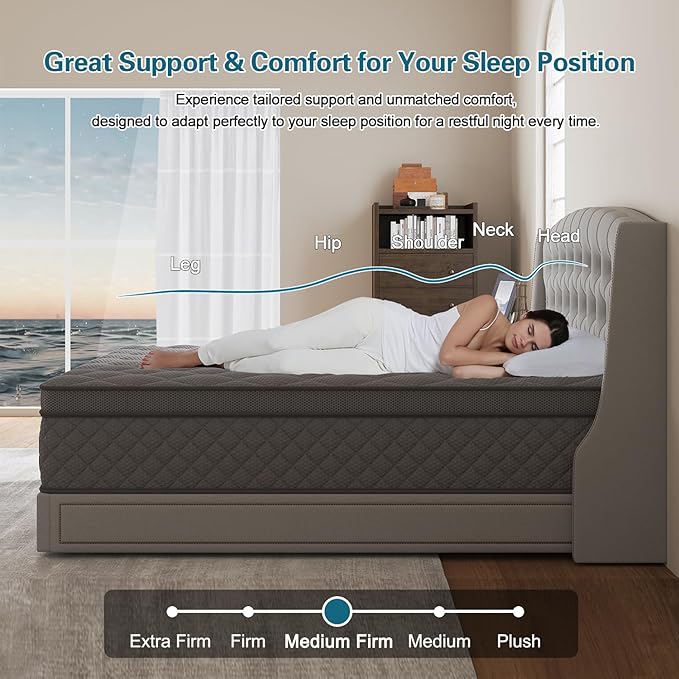 Queen Mattress, 10 Inch Euro Top Mattress Grey Hybrid Medium Firm for Back & Lumbar Support, 100 Night Trial, Individual Pocket Spring for Motion Isolation & Pressure Relief