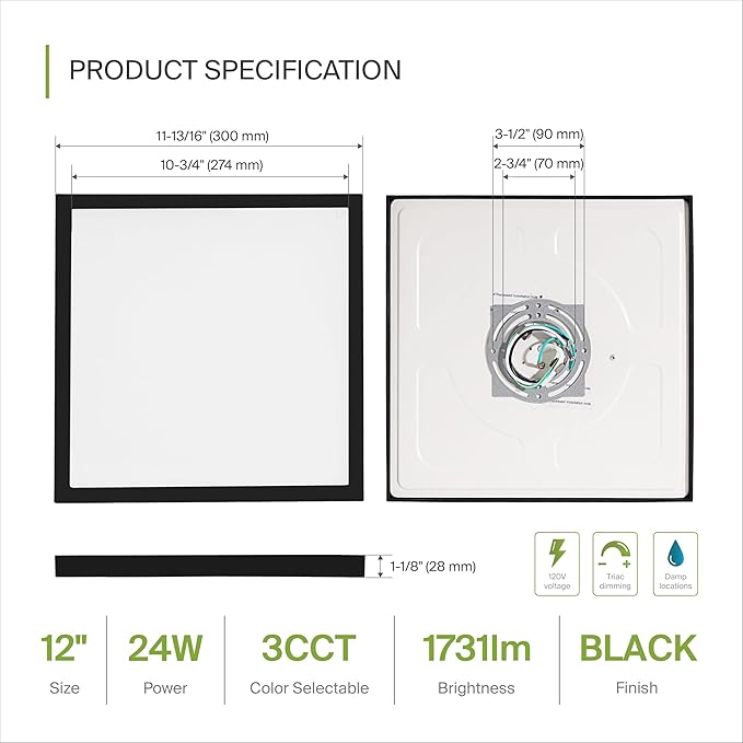ASD LED 12" Square Flush Mount Ceiling Light Fixture, Low Profile Surface Lighting | 5CCT, Dimmable, Ultra-Thin, ETL Listed | 24W 1700LM 2700-6000K 120V | Kitchen, Hallway Lamp | Black, 4 Pack