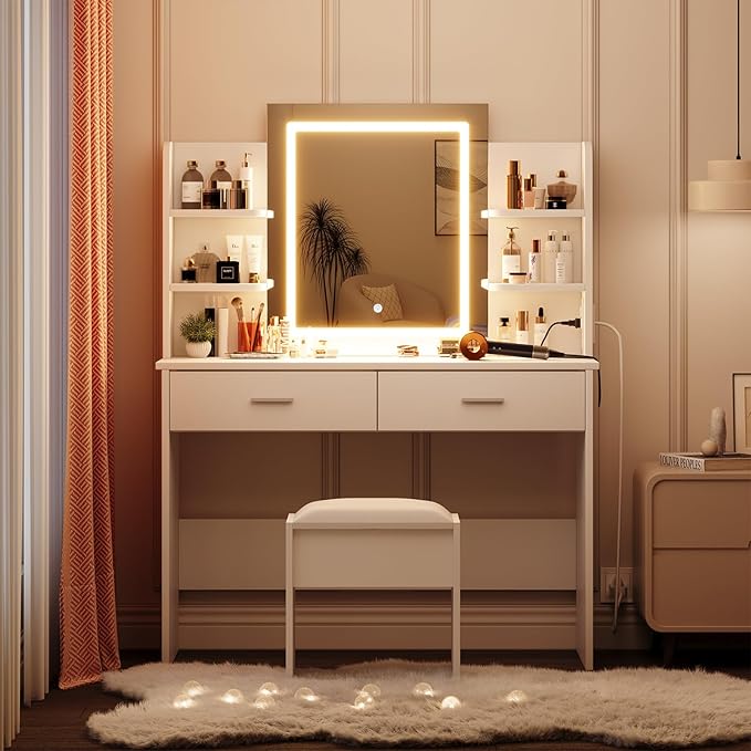 Garvee Vanity Desk with Lights | Tri-Mode LED Lighted Mirror & Charging Station | Makeup Vanity Set with 6 Shelves, 2 Drawers, Soft Cushion Stool | Dimmable Vanity Desk for Bedroom (White)
