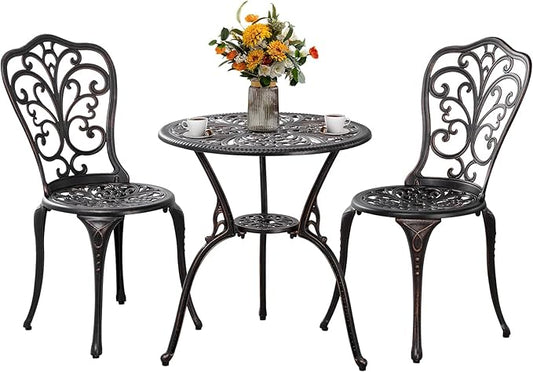 3 Piece Patio Set Outdoor Bistro Set,Cast Aluminum Bistro Table and Chairs Set of 2 with Umbrella Hole,All Weather Patio Bistro Sets for Front Porch Set Garden,Backyard(Brown)