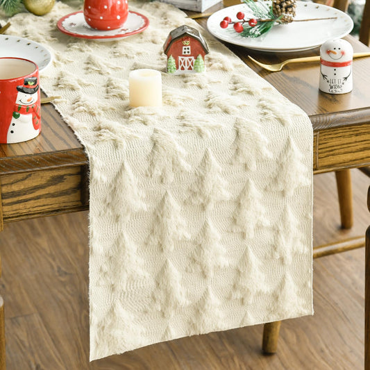 Artoid Mode Christmas Trees Beige Soft Plush Faux Fur Jacquard Christmas Table Runner, Holiday Kitchen Dining Table Decoration for Home Party Decor 13x72 Inch