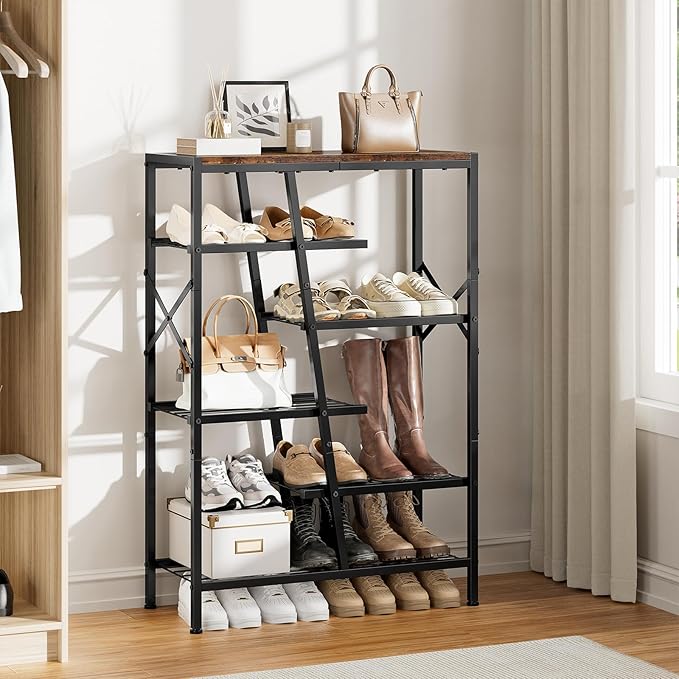 Shoe Rack, 6-Tier Boot Rack, Wooden Storage Organizer for Tall Boots, Sneakers, Metal Shoe Rack Organizer with Metal Mesh Shelves, 10-12 Pairs of Shoes for Closet, Entryway, Rustic Brown