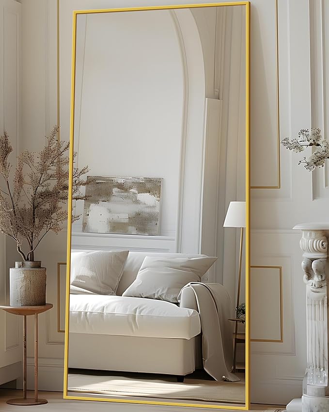 Antok Full Length Mirror, 76"x34" Floor Mirror with Stand, Hanging Mounted Mirrors for Bedroom, Living Room, Cloakroom, Dining Room, Gold, Rect