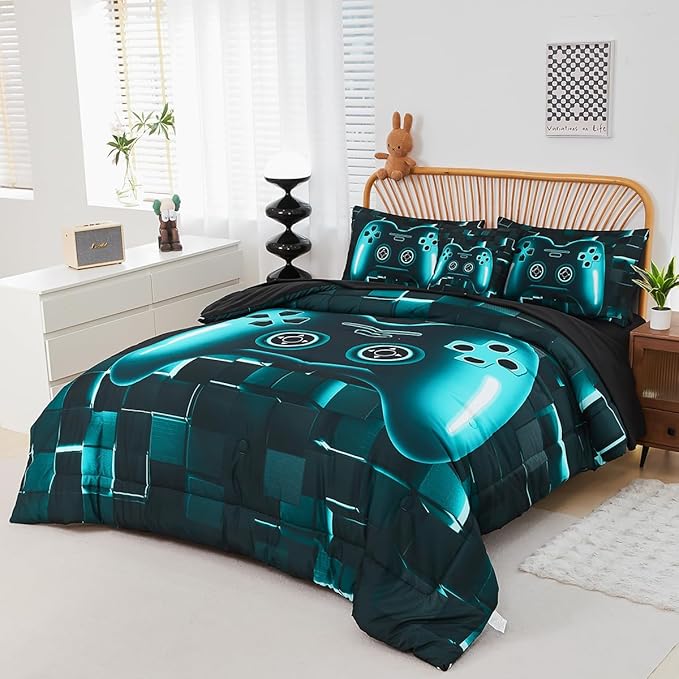 PERFEMET 6-Piece Boys Gamer Comforter Set Queen Size Teal Blue Video Game Controller Bedding Set with Sheets Lightweight 3D Black Gaming Pattern Bed in a Bag for Kids Teen(Teal, Queen)