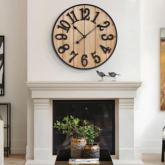 Large Wall Clock 20IN, Silent Metal Wood Style Wall Clocks Battery Operated for Living Room Decor, Farmhouse Big Wall Clock, Outdoor
