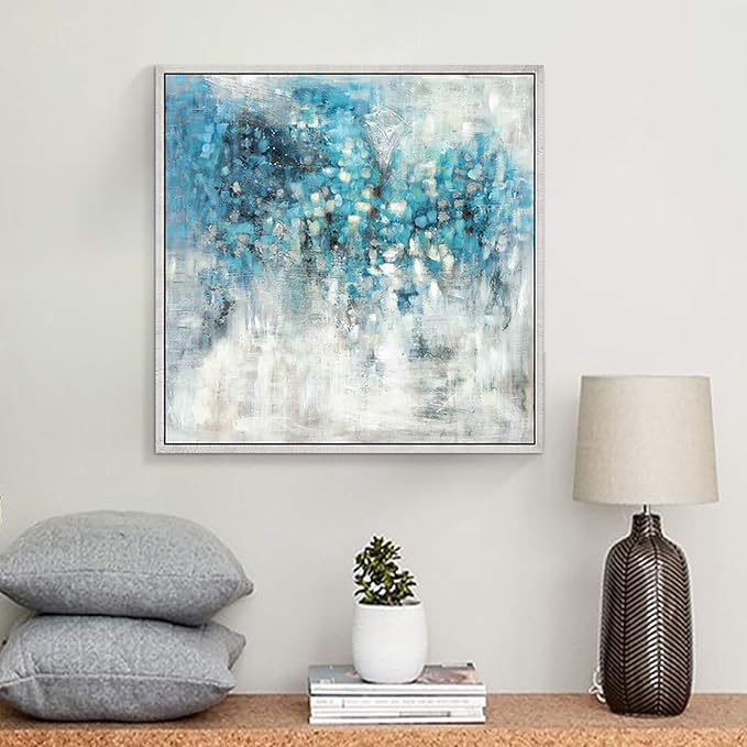 Abstract Wall Art Canvas Framed: Blue Abstract Painting Artwork on Canvas for Bedroom (24''W x 24''H, Multiple Sizes)