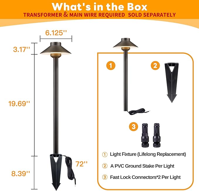 Solid Brass Landscape Path Lights - 12V Low Voltage Pathway Light IP65 Waterproof, Outdoor Walkway Fixture Hardwired, Hat-top Antique Bronze for Patio Lawn G4 Bulb Not Included (10 Pack)