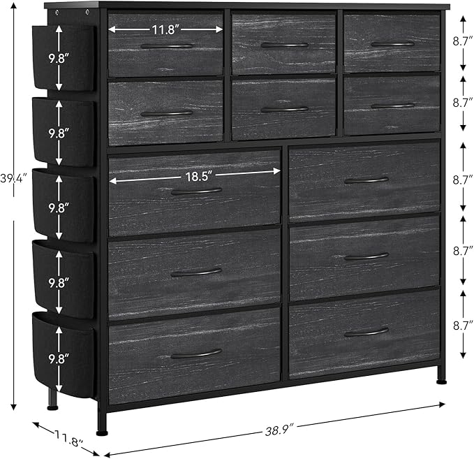 Dresser for Bedroom with 12 Drawers, Tall Dresser Chest of Drawers with 5 Side Pockets and Hooks, Wooden Top Fabric Dresser Storage Tower for Closet, Hallway, Living Room, Black