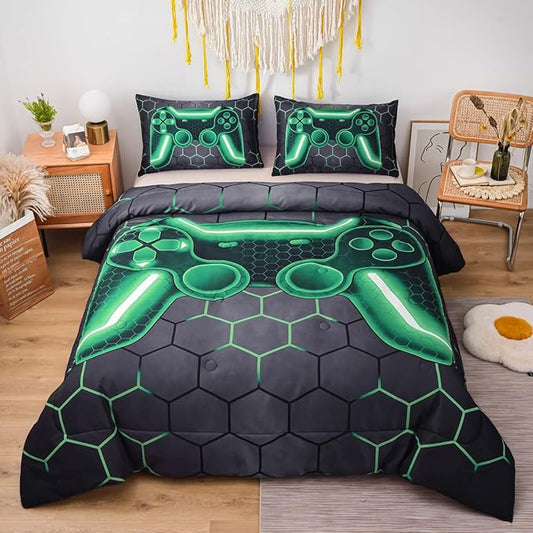 NTBED Game Console Comforter Set for Boys Girls Kids 3D Gaming Geometric Lightweight Microfiber Gamer Bedding Sets (Green, Twin 5Pcs)