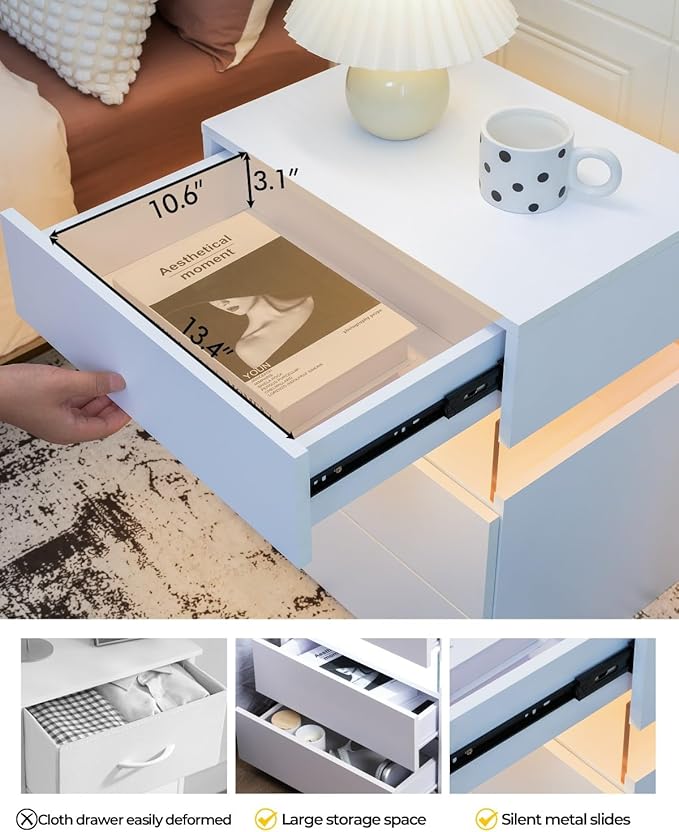 Bingoday LED Nightstand 2 Nightstands Bedroom set of 2 Bedroom Night Stands with Drawers Modern Bedside Table with 3 Drawers