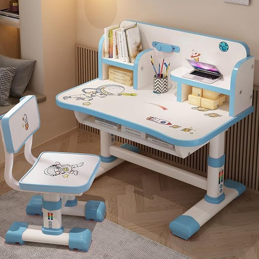 Kids Functional Desk and Chair Set, Height Adjustable Children School Study Table Chair Set with Cartoon Pattern, Ergonomic Desk Chair with Large Writing Board, Bookshelf and Book Bucket Blue