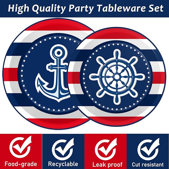 Wiooffen 96 Pcs Nautical Anchor Party Plates Napkins Tableware Set Anchor Theme Supplies Disposable Dinnerware Sailor Boat Ship Decoration Favors for Navy Baby Shower Birthday, 24 Guests