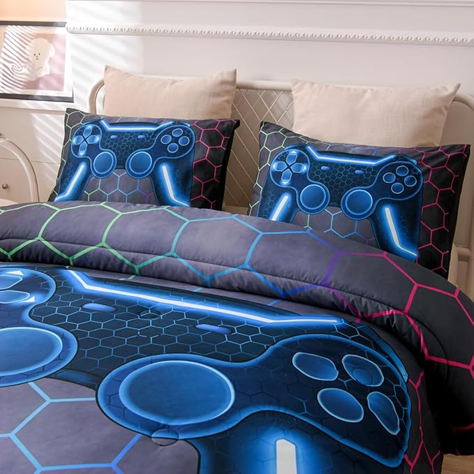 NTBED Game Console Comforter Set for Boys Girls Kids 3D Gaming Geometric Lightweight Microfiber Gamer Bedding Sets (Multi, Twin 5Pcs)
