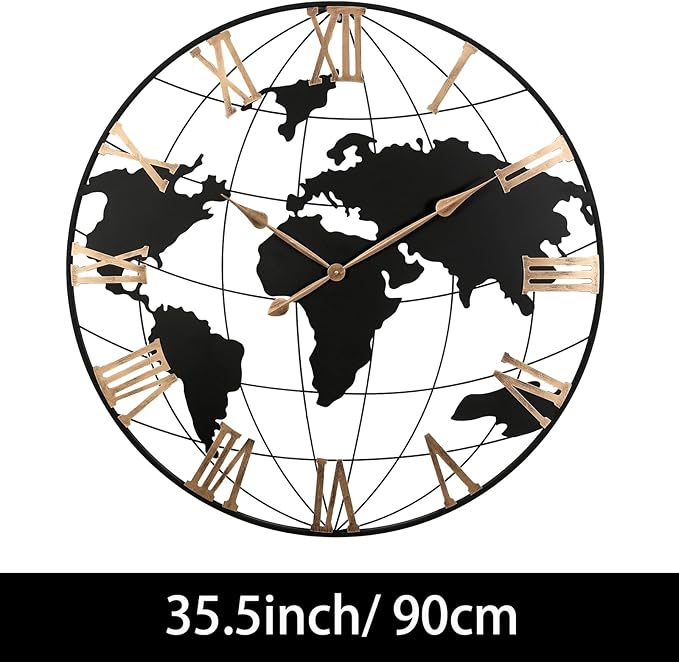 36 Inch Extra Large World Map Wall Clock, Retro Minimalist Silent Non-Ticking Battery Operated Clock for Living Room, Bedroom, Office, Kitchen, Black Roman Numerals
