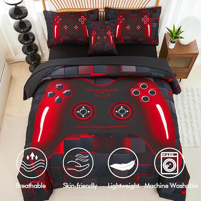 PERFEMET Boys Bedding Set Twin Size 6-Piece Game Console Comforter Set for Kids Teen 3D Black and Red Gamepad Gaming Bed in a Bag Matching Sheet Set(Red, Twin)