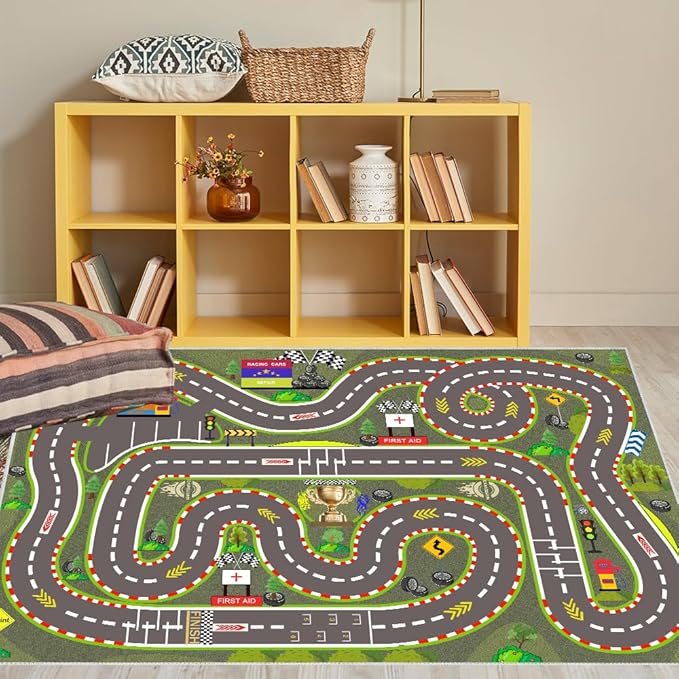 Kids Rug, Race Track Playmat Rugs 47×31 in Kids Carpet with Rubber Backing, Start and Finish line Racing Track Marking Car Road Race 3D Play Mat Nursery Rugs for Children Bedroom Playroom