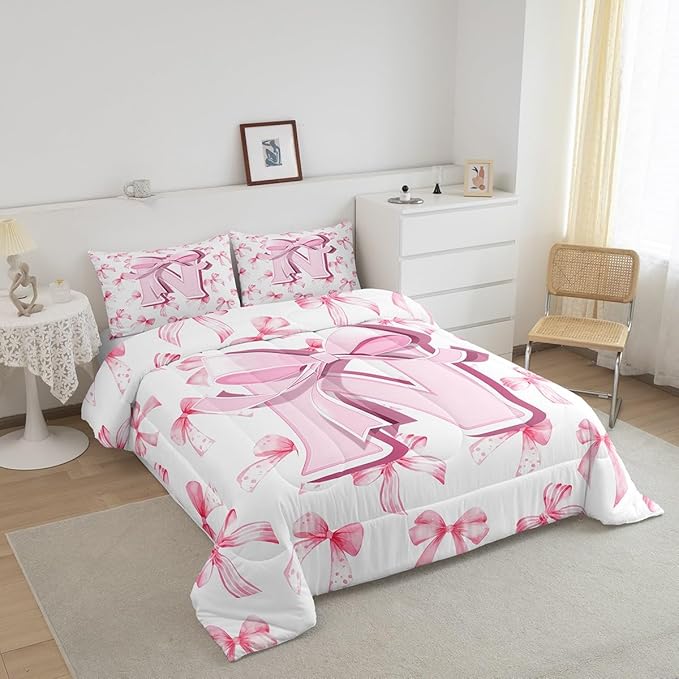 jejeloiu Kids Girls Cute Pink Bow Comforter Set Queen Size Monogrammed Bedding Set Ultra Soft Personalized Initial N Duvet Quilt Coquette Bow Knot Quilt Set Room Decor Modern Fashion Comforter