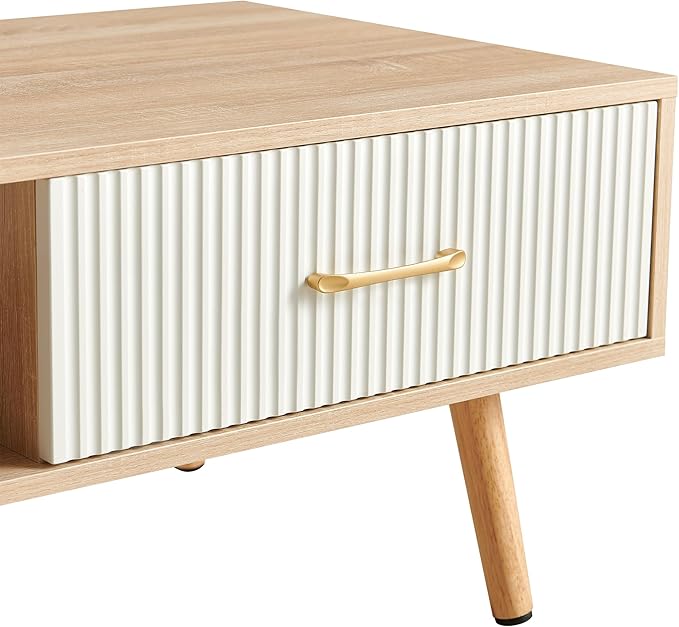 Mid Century Wooden Coffee Table with Stripe Drawer，Modern 41" Large Center Table with Storage，Rectangular Light Wood Coffee Tables for Living Room, 2-Tier Cocktail Table, Solid Wood Legs