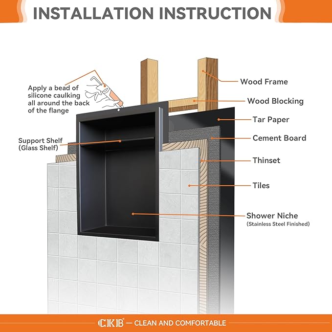 CKB Shower Niche Stainless Steel, 18 Inch x 14 Inch x 4 Inch Depth, Double-Layer Storage Shelves, Recessed Shower Shelf with Matte Black