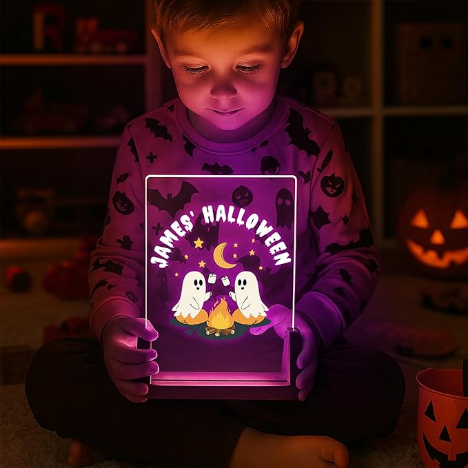 Custom Ghost Campfire Night Light 6.4" | 7-Color LED, Personalized Text | Spooky Ghost Cute Halloween Décor Night Lights Gifts for Kids Family and Friends