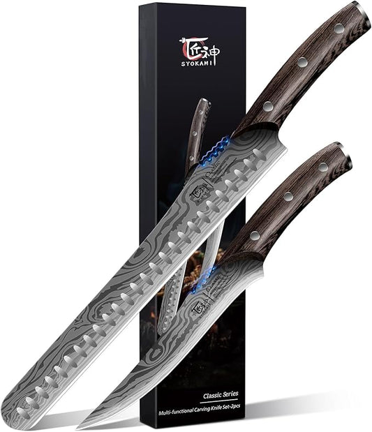 BBQ Carving Knives Set, Brisket Slicing Knife and Boning Knife for Meat Cutting, Razor Sharp Japanese Style High Carbon Steel Kitchen Knives, Wood Ergonomic Full Tang Handle, Ideal for Gift