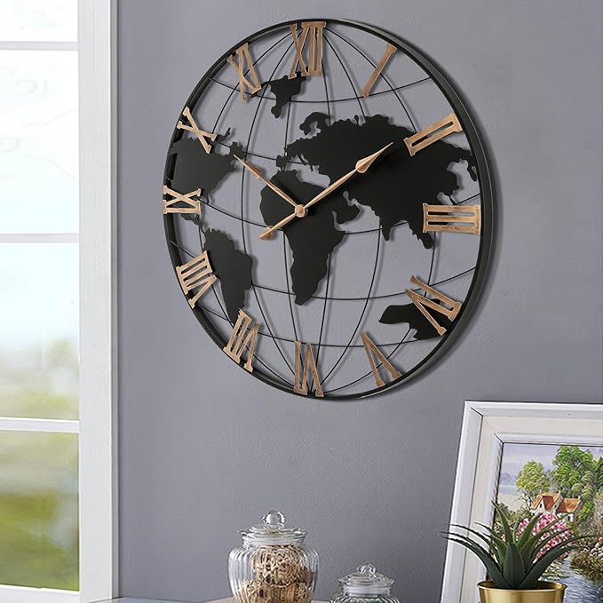 36 Inch Extra Large World Map Wall Clock, Retro Minimalist Silent Non-Ticking Battery Operated Clock for Living Room, Bedroom, Office, Kitchen, Black Roman Numerals