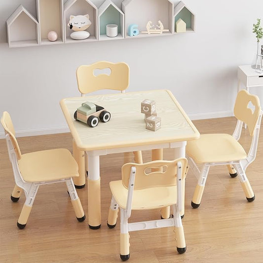 GAOMON Kids Table and 4 Chairs Set with Graffiti Desktop, Height Adjustable Toddler Table and Chairs Set for Reading, Drawing, Playing, Eating