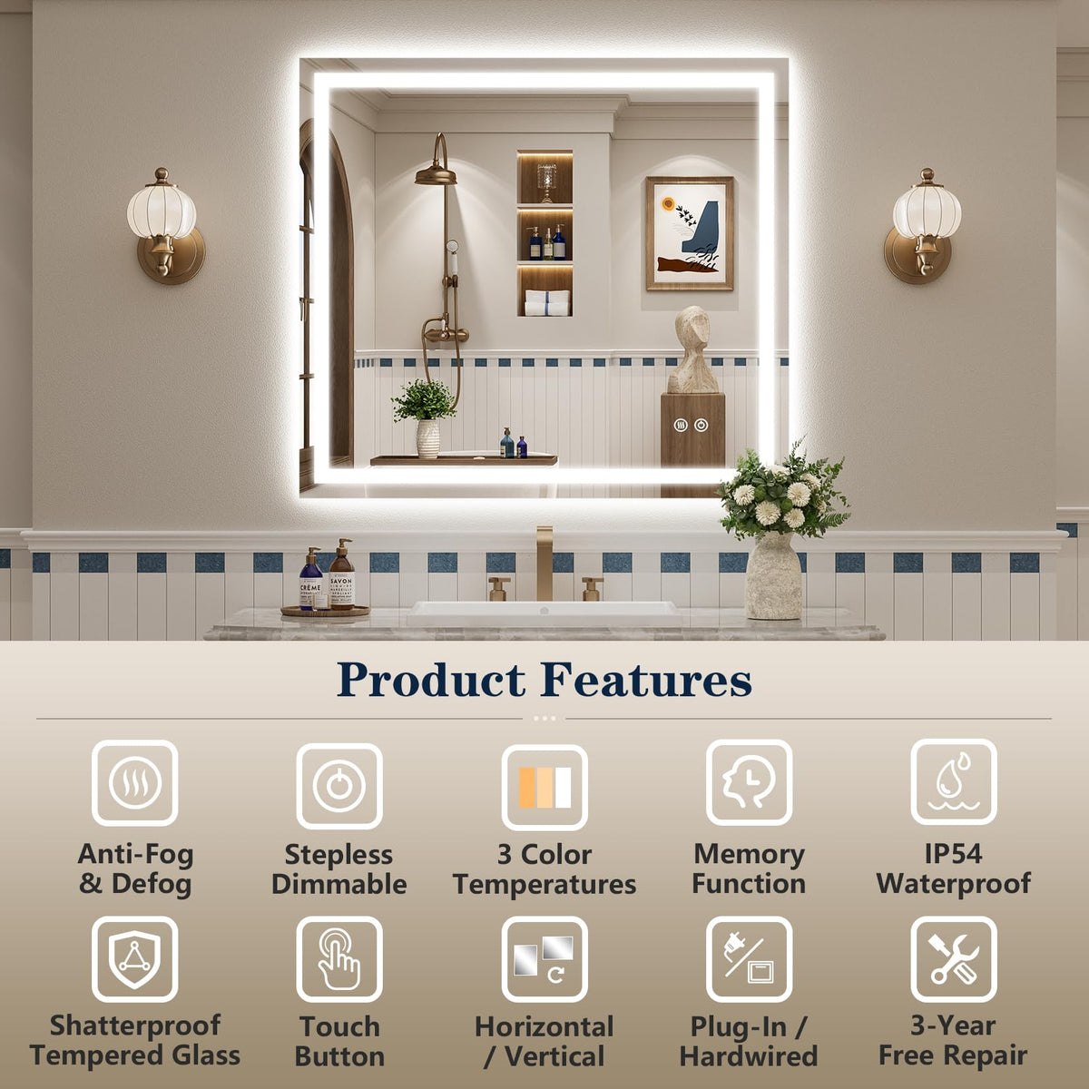 VEEYLOS 42x36 Inch LED Bathroom Mirror with Lights, Backlit & Front Lit