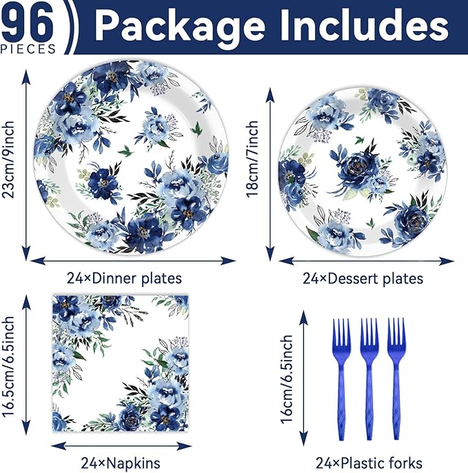 96 Pcs Peony Party Plates Napkins Tableware Set Blue Flower Supplies Disposable Dinnerware Navy Floral Party Decoration Favors for Summer Holiday Wedding Bridal Baby Shower Birthday, 24 Guests