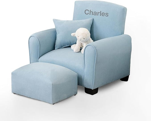 Toddler Personalized Armchair, Kids Upholstered Rocking Chair with Personalization, Toddler Chair with Personalized Name, Comfy Child Armchair, (Light Blue Suede, Rockers)