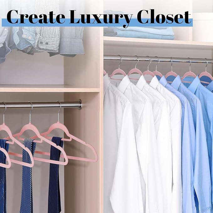 Smartor Pink Velvet Hangers 20 Pack, Space Saving Clothes Hanger with Tie Bar, Non-Slip Felt Hangers with Shoulder Notches, Heavy Duty Suit Hanger for Coat, Shirt, Pants, Dress