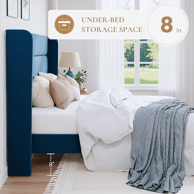 SHA CERLIN Queen Size Velvet Bed Frame/Vertical Channel Tufted Wingback Headboard/Upholstered Platform Bed with Wooden Slats/Mattress Foundation/No Box Spring Needed/Easy Assembly/Blue