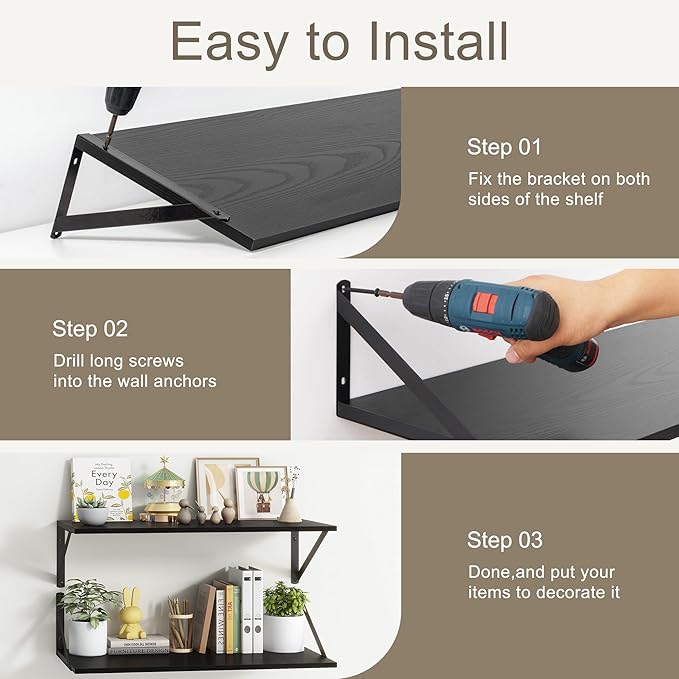 36"W x 12"D Floating Shelves, Black Deep Floating Shelves for Wall with Brackets, 12 Inch Deep Wall Shelves for Books, Wide Display Storage Shelves for Bathroom, Living Room, 36 Inch Long, Set of 2