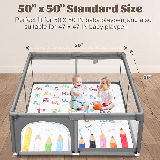 Baby Play Mat - 50 x 50, Non-Slip Cushioned, Machine Washable Crawling Mat (Alphabet)