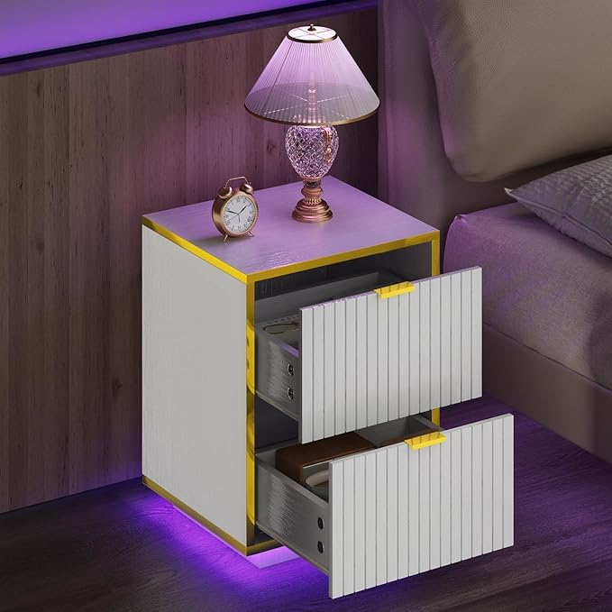 White and Gold Nightstand with LED Lights, White Nightstand with Storage, Modern Led End Table with 2 Fluted Drawers, Bed Side Table for Living Room, Set of 2, White and Gold
