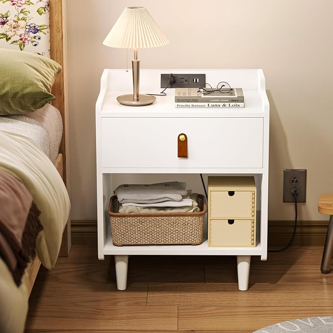 White Nightstand with Charging Station, Night Stand with Drawer and Leather Pull, Modern Bedside Table with Raised Edges& Wood Feet, Bed Side Table Bedroom End Table