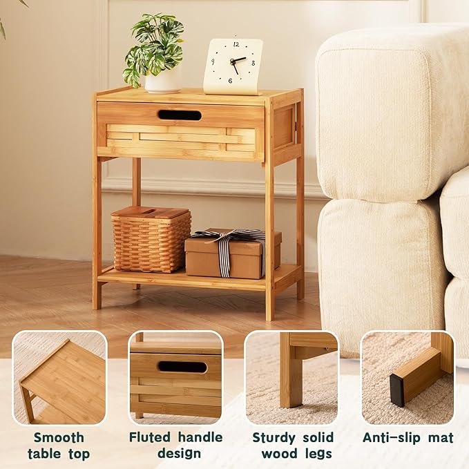Bamboo Night Stand Bedside Table- Bed Side Table with Drawers, Small Nightstand for Bedroom, Dorm, Sofa, Easy Assembly, Rustic Bedside Tables Multi Small Space Furniture