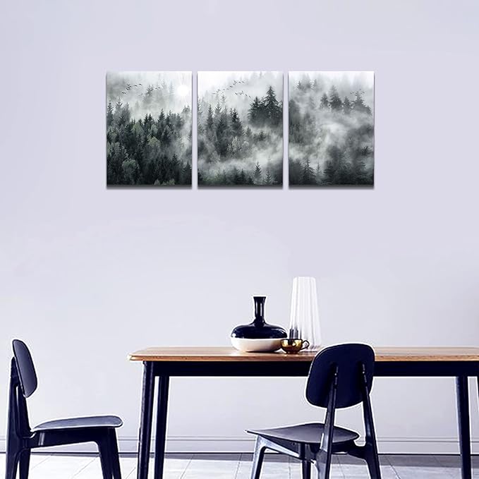 MHARTK66 Wall Decor Living Room Large Size Canvas Wall Art For Bedroom Foggy Forest Trees Landscape Wall Painting Office Decor Wall Decorations Ready To Hang Framed Wall Pictures Home Decor 3 Pieces