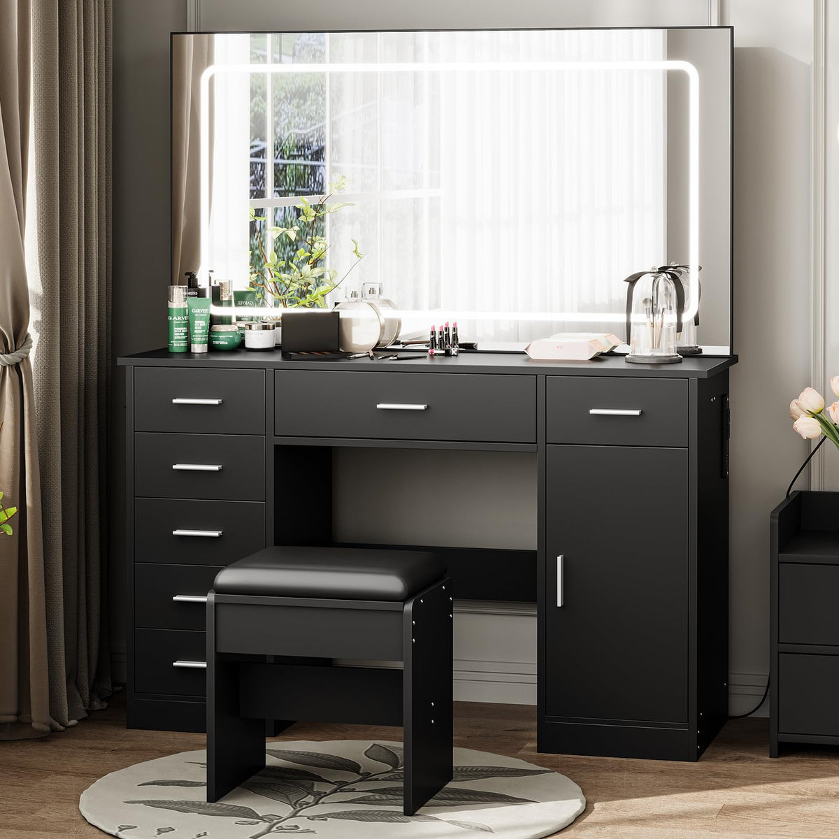 Garvee Modern Vanity Desk with Mirror & LED Lights – 7 Drawers,Black