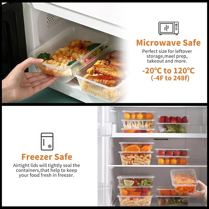 Meal Prep Containers,50 Pack 1 Compartment Food Storage Containers with Lids,Disposable Bento Box Reusable Plastic Lunch Box Kitchen Food Take-Out Box Microwave Dishwasher Freezer Safe(34 oz)
