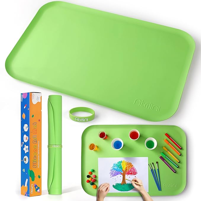 Silicone Craft Mats for Kids 24"x16"– with Raised Lip & Non-Slip | Reusable Silicone Art Mat for Play Sand, Painting, DIY Crafts | Durable Design (Green)