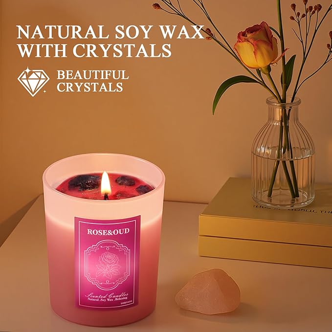 3 Soy Scented Candles for Women- 15OZ Candles for Home Scented with Crystals, Lavender/Vanilla/Rose Aromatherapy Candle Set for Bithday Gifts, Mother's Day, Anniversary, Christmas
