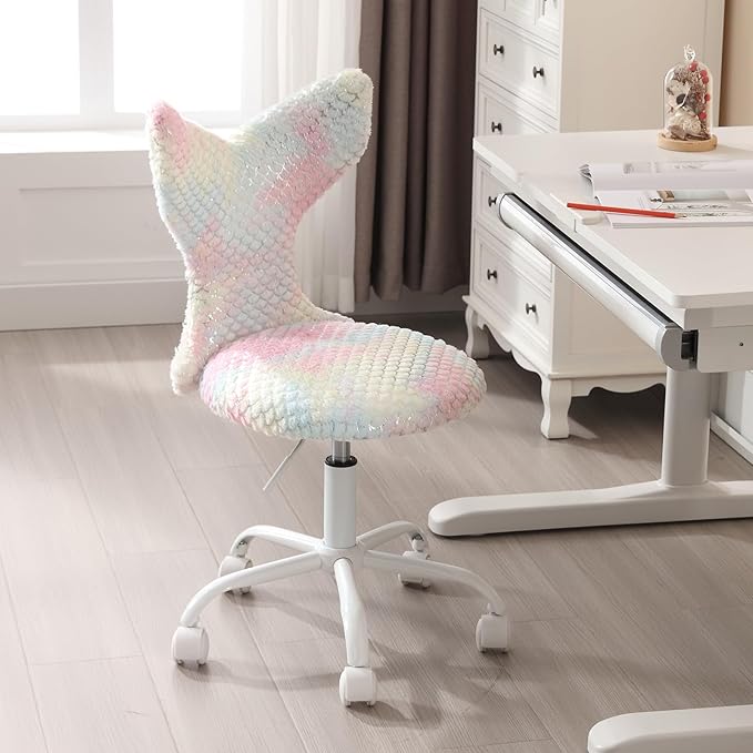 Fuzzy Desk Chair, Cute Swivel Children Desk Chair with Wheels for Kids Bedroom Upholstered Rolling Study Chair Adjustable Computer Chair Mermaid Back Vanity Chair for Teen Girls Boys, Light Colorful